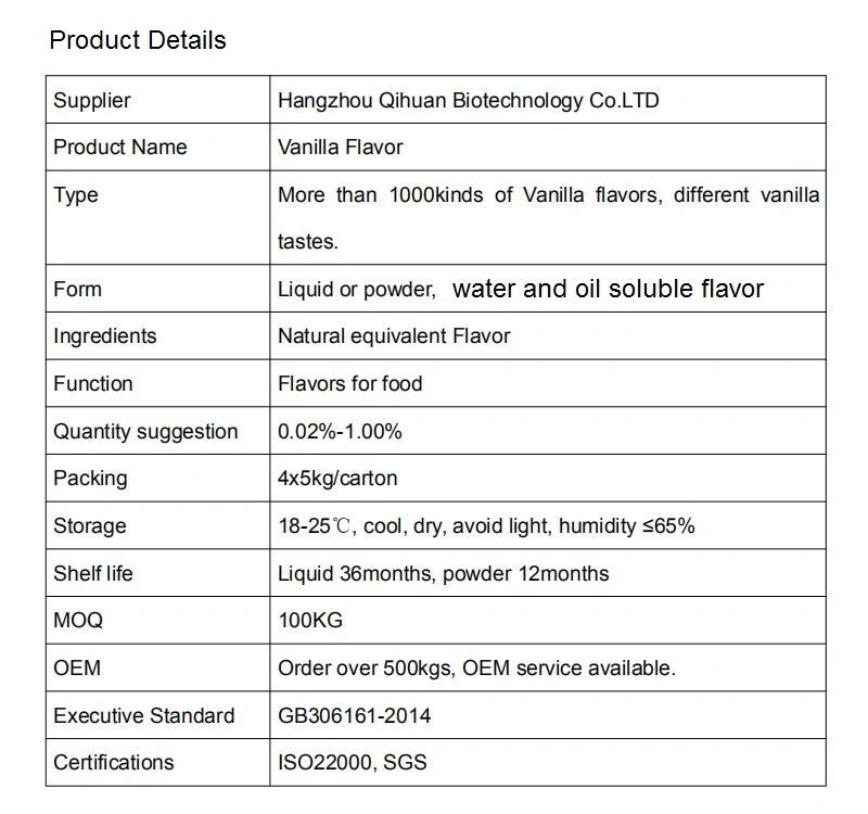Vanilla Flavor, Food Additive, Food Flavor, Food Fragrance for Drink, Dairy and Bakery Food